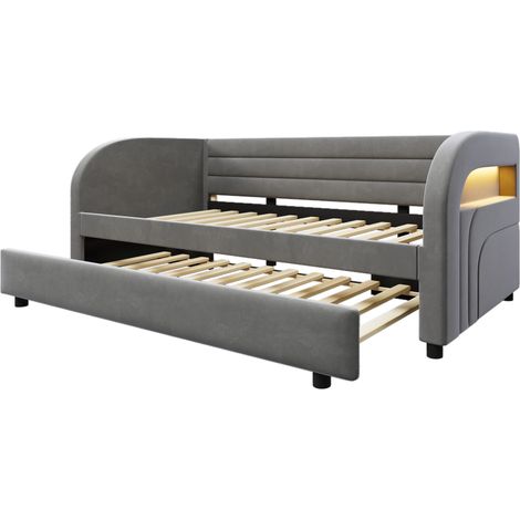 Letto piattaforma imbottito 90x200 con letto estraibile e LED, grigio (1/5)