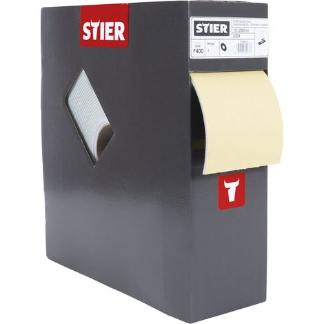 STIER Schleifpapier auf Schaumunterlage P400, 115x92mm Rollenlänge: 25m, für Lack-Reparatur, Profile, Wölbungen, praktische Box mit Abrisshilfe immer griffbereit (1/5)