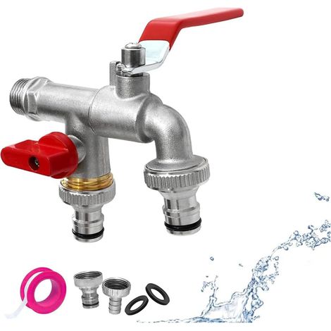 Robinet de jardin 1/2", double robinet avec 2 raccords de tuyau et 1 bande d'étanchéité à rouleau, robinet à boisseau sphérique pour jardin, maison et maison industrielle (rouge) (1/5)