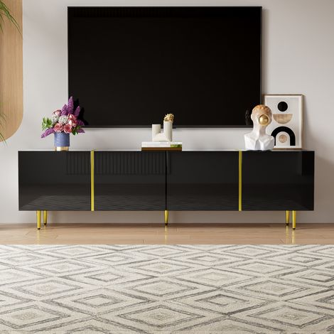 Mobile TV nero lucido con 4 ante, stile moderno e semplice, design Gold Line, gambe dorate, 170x35x46 cm