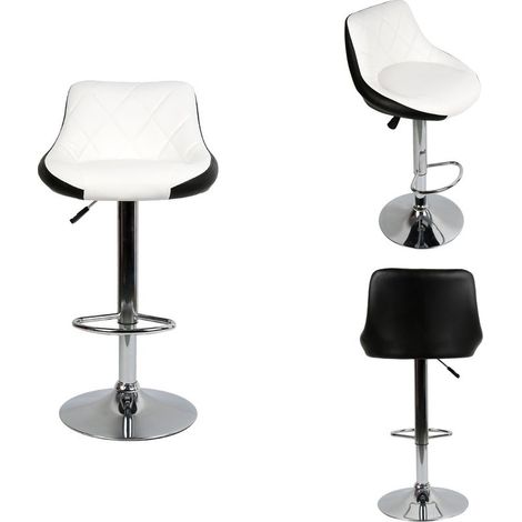 Tabouret de bar 2, chaise de cuisine moderne, avec dossier repose-pieds sans accoudoir en similicuir chromé design pivotant réglable en hauteur, blanc-noir (1/5)