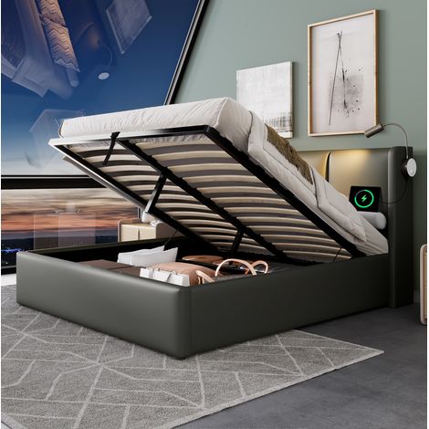 Lit rembourré 180x200 cm Gris en PU avec sommier à lattes, tête de lit avec lampe de lecture et USB, coffre (1/5)