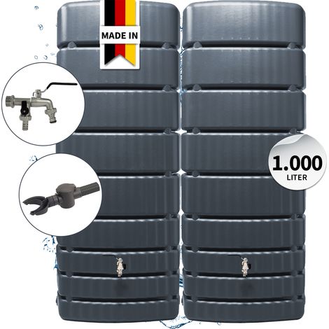4rain SLIM Regentonnen Wandtank-SET Komplett-Set 1000 Liter graphite grey, 2 x SLIM 500 Liter inkl. Verbinder und Fallrohranschluss (1/5)