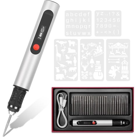 Stylo Graveur Électrique sans Fil, Mini Outil de Gravure Rechargeable avec 30 Embouts 5 Pochoirs, Kit de Graveur Rotatif de Bricolage Portable pour Verre Bijoux Bois Plastique Métal Pierre (1/5)