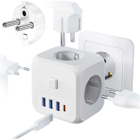 Splitter di rete, caricabatterie, adattatore, ladro, 3 prese UE, 3x USB + USB-C C 7in1 Alogy Bianco (1/5)