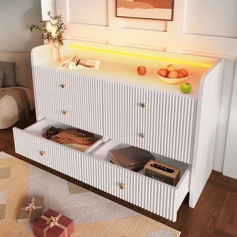 Aparador 120×40×75cm, 6 cajones, con iluminación LED, compartimentos de almacenaje abiertos, cajonera para cocina/salón, blanco (1/5)