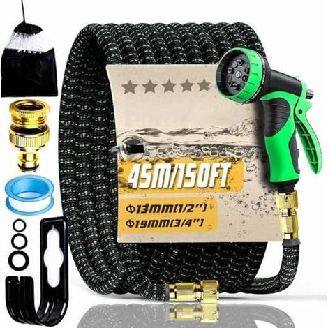 45 m/150 Fuß Gartenschlauch, dehnbar mit 1/2"- und 3/4"-Anschlüssen, knickfest, auslaufsicher, 10-Funktions-Sprühdüse zum Bewässern und Reinigen des Gartens – 150 Fuß/45 m (1/5)