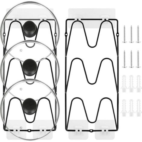 YMYNY 2 pièces, 6 niveaux Support de rangement pour couvercles de casseroles， sans perçage, adhésif,résistant à la rouille, pour couvercles de casseroles et poêles, rangement de cuisine（Noir ） (1/4)
