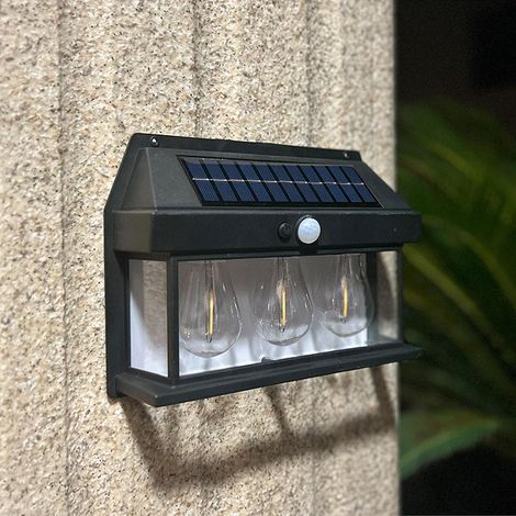 Lampe extérieure solaire, étanche IP65, applique murale extérieure solaire lumineuse avec détection de mouvement, adaptée aux jardins, terrasses et clôtures. (1/4)