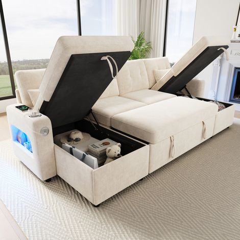 Canapé convertible d'angleU - 266x131x85 cm - Coffres de rangement - USB LED Porte-gobelets - Chenille Haute Qualité - Beige (1/5)