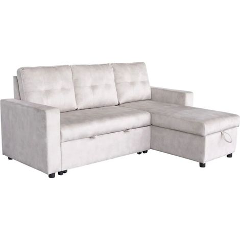 Sofá de esquina CALDERO convertible 3 plazas con baúl – Beige champán – 202 x 90 x 150 cm (1/5)