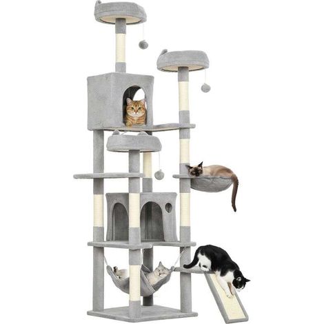 Katzenbaum, Spielturm für Katzen, 8 Kratzstämme, 4 Plattformen, 2 Verstecke, Leiter und 3 Bälle, Höhe 192 cm, grau