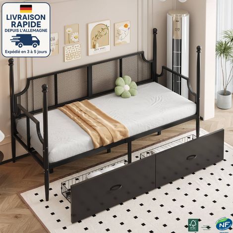 MODFU - Sofá cama infantil 90×200 cm con 2 cajones, sin colchón, de metal, color negro (1/5)