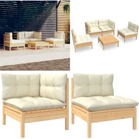 5-tlg. Garten-Lounge-Set mit Creme Kissen Kiefer Massivholz - Gartensessel - Lounge Set - Gartenmöbel - Outdoor Möbel - Rattan Sessel - Home & Living (1/5)
