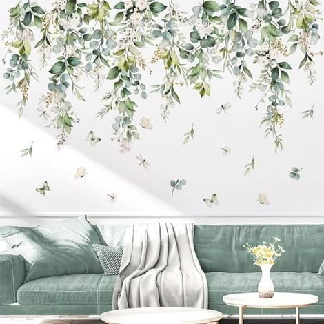 SABIR-Stickers muraux feuilles de vigne, autocollants muraux verts, feuilles tropicales, plantes suspendues, fleurs pour (1/4)