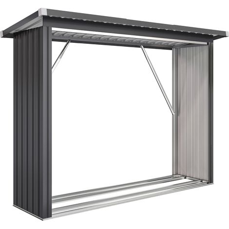 Abri-bûches extérieur avec support à bois, plancher surélevé, toit incliné, acier galvanisé gris 213x66,5x150cm. (1/5)
