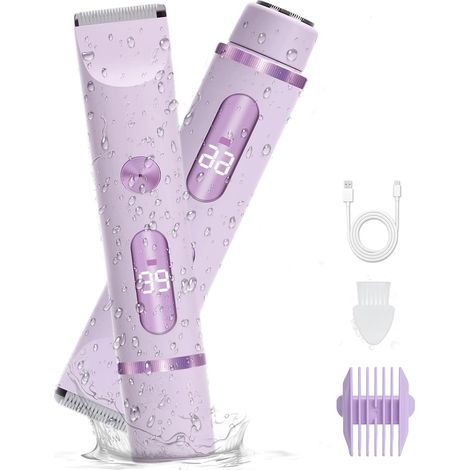 2 in 1 Epilateur Electrique Femme, Tondeuse Femme Intime, IPX7 Étanche Ecran LED Rasoir Femme, Utilisation Humide et Sèche pour le Visage, les Aisselles, les Jambes (Violet) (1/5)