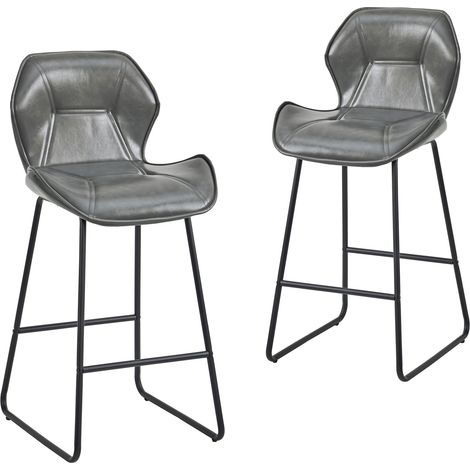 Lot de 2 tabourets de bar en cuir régénéré gris avec dossier, structure métal noir, repose-pieds et assise confortable pour cuisine, bar et salle à manger CHICFURN (1/5)