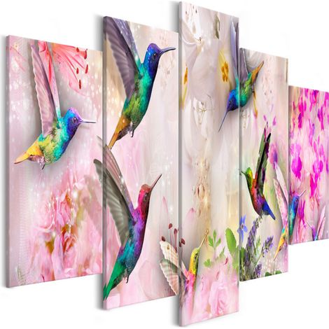 Tableau 5 Panneaux "Colourful Hummingbirds Wide Pink" 50 x 100 cm (1/2)