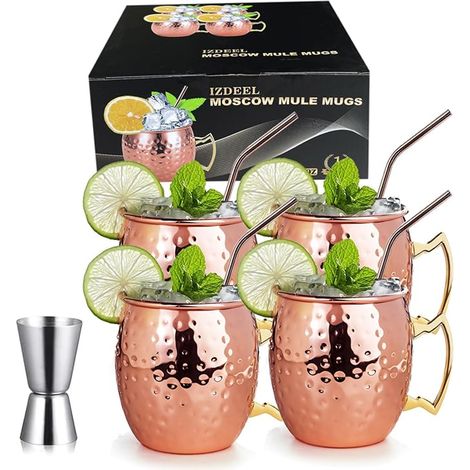Verres Mule Cuivre Mugs 550ml Tasses pour Cocktail, Rhum, Boissons Froides, Maison, Bar, Fête, Anniversaire Cadeaux (1/3)