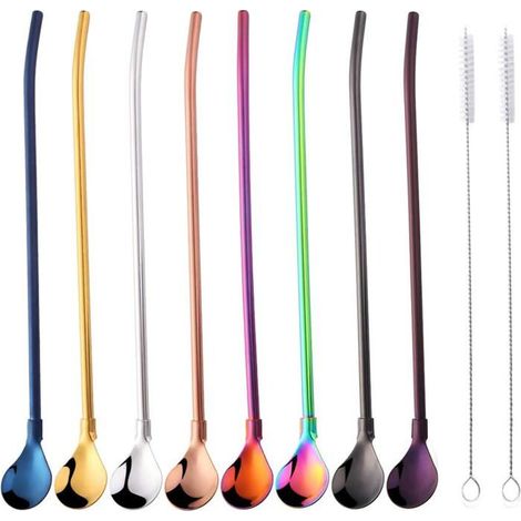 8 Cuillère Paille, Acier Inoxydable 304, Agitateur Cocktail, Brosse Nettoyage, Smoothies Café