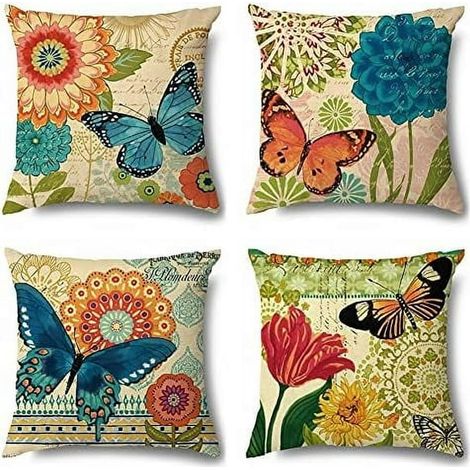 Housse de coussin extérieur 4 pièces, 45x45 cm, art papillon printanier, coussin imperméable décoratif, housse de coussin pour terrasse, canapé, salon, style ferme, taie de coussin résistante aux inte (1/5)