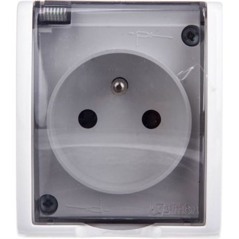 Enchufe individual hermético Simon Aquarius con o sin protección IP54, con obturador de carril y solapa ahumada, blanco AQGZ1z/11a