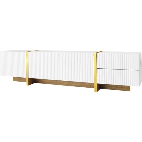 Meuble TV 190 cm avec 3 portes et 2 tiroirs, blanc avec détails dorés et effet bois (1/5)
