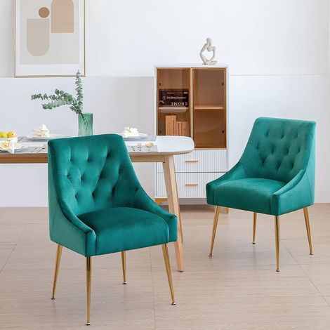 Chaise de Salle à Manger Verte en Velours, Dossier Matelassé avec Accoudoirs, Pieds Métalliques Dorés, Poignée Décorative Dorée, Chaise de Repas Élégante (1/5)