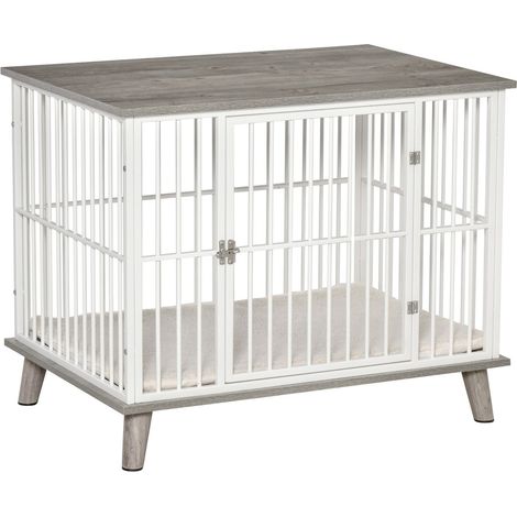 Jaula Para Perros Aspecto De Madera Cojín De Mesa Perros Medianos Blanco + Gris 86X60X70Cm