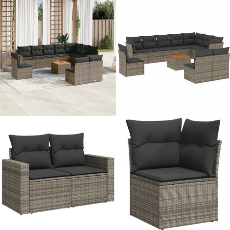 Salon de jardin 11 pcs avec coussins gris résine tressée - Ensemble Salon De Jardin - Mobilier De Jardin - Canapé Extérieur - Set De Salon - Chaise Longue - Home & Living