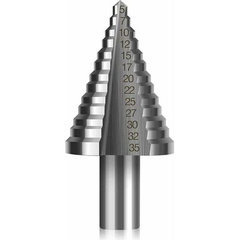 HSS-Stufenbohrer, Doppelschlitz-Kegelstufenbohrer (5 mm–35 mm) mit Titanbeschichtung, massiv, ideal zum Bohren in Stahl, Holz, Messing, Aluminium, PVC (Rundschaft, 13 mm)