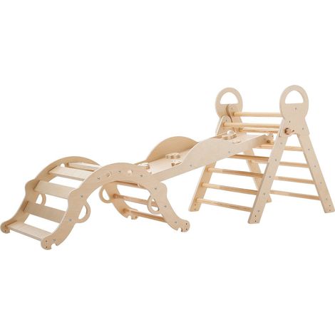 Ensemble triangle Pikler 9 en 1, jouets escalade intérieur, 2 voitures bois, coussin, triangle arche rampe, 68 kg pliable, bois (1/5)