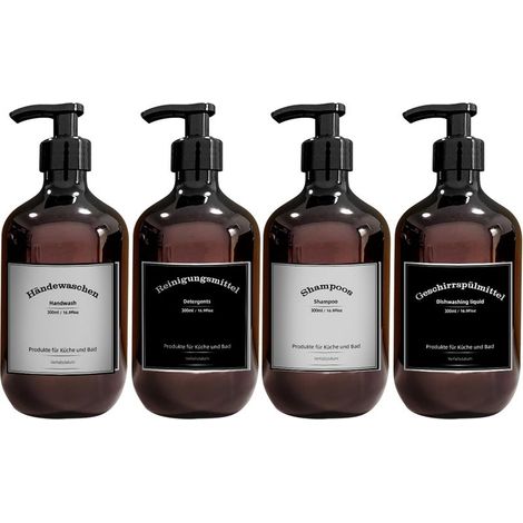 Lot de 4 distributeurs de savon en plastique de 300 ml avec étiquettes, bouteilles à pompe pour salle de bain, shampooing (300 ml marron) (1/5)