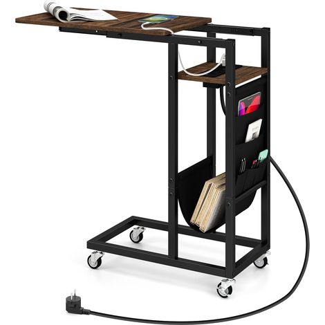 COSTWAY Tavolino da Salotto, Tavolino Laterale con Piano Retrattile e Prese di Corrente, Tasca per Riporre e Ruote Bloccabili, Tavolino per Soggiorno e Camera da Letto (Marrone) (1/5)