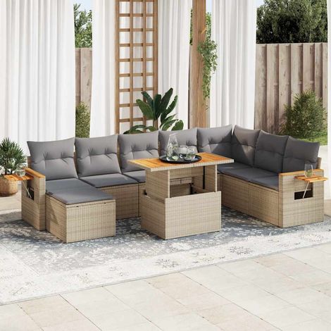 Salon de jardin avec coussins 9 pcs beige résine tressée acacia (1/5)