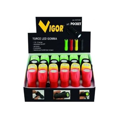 Vigor 3427990 Espositore con 24 Torce LED in Gomma Colori Assortiti colore Misto