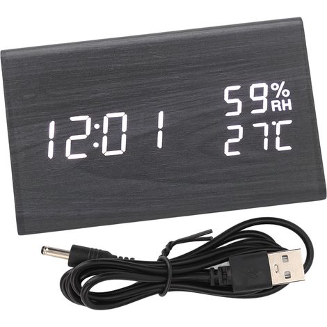 Réveil numérique en bois, réveil électronique LED triangulaire à commande vocale, idéal pour les chambres et les bureaux, en bois noir avec inscriptions blanches. (1/5)