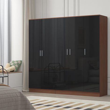 Reflect 2pc Wardrobe Bundle - 3 Door Plain + 2 Door Plain - Black Gloss & Walnut