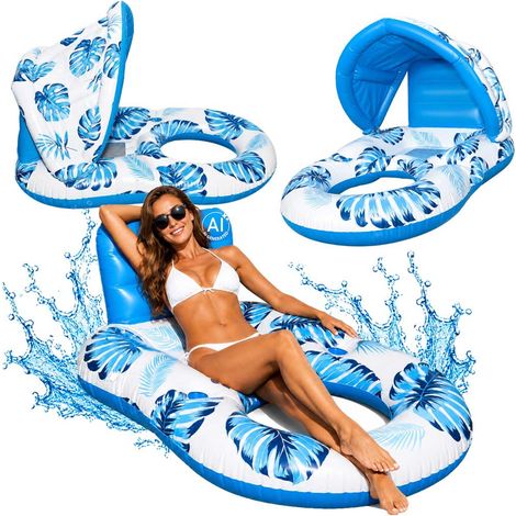 Inflatable Blue Pool Lounge Chair with Backrest and Canopy (1/5)