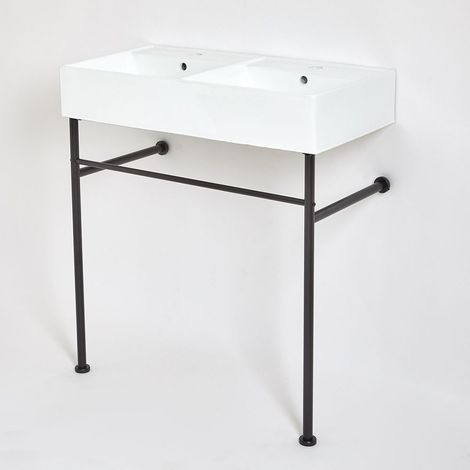 Milano Dalton 820mm x 420mm White Ceramic Double Bathroom Basin Sink with Washstand - Black Washstand (1/5)