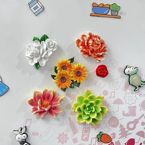 Set mit 5 Kühlschrankmagneten – Kühlschrankpersonalisierung – Blumenaufkleber für Whiteboards, Küchen und Büros – Küchendekoration (Monatszeit/Sonnenblume/Lotus/Sukkulente/Pfingstrose)