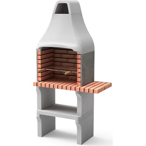 MOVELAR - Barbecue préfabriqué à bois et charbon en béton réfractaire modèle New Iberia Plus avec mini support latéral (Gris/Orange - 95x47x190cm)REF: M00195 - Cuisine extérieure pour jardin ou patio (1/2)