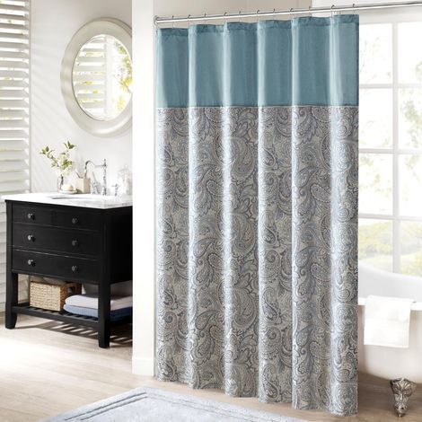Rideau de Douche Jacquard à Motif Cachemire en Microfibre et Soie synthétique – Décoration d'intérieur Moderne – Brise-Vue, décoration de Salle de Bain – 183 x 183 cm – Bleu (1/5)