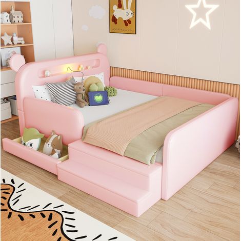 Cama infantil 140x200 cm con cabecero de osito, puerto USB, luz nocturna, compartimento de almacenaje y barandillas de seguridad, tapizado en polipiel rosa (1/5)