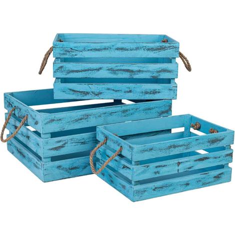 Set 3 piezas cajones de madera azul, A:40x30x18 B:35x25x16 C:30x20x14h cm (1/5)