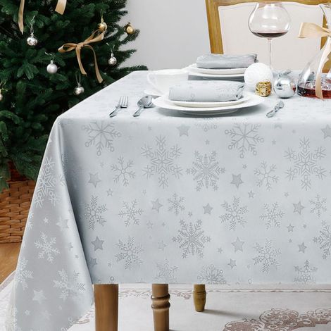 Weihnachts-Tischdecke 140x220 cm abwaschbar mit Schneeflocken-Muster Silber