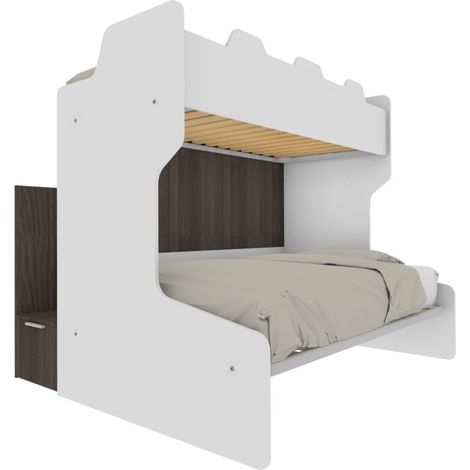 Letto a castello salvaspazio con scala contenitore - 1 Piazza e mezza + singolo - Bianco e Olmo (1/5)