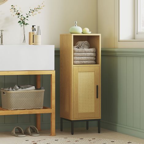 Armoire de salle de bains, armoire de salle de bains étroite et indépendante avec étagère réglable, finition naturelle (1/5)