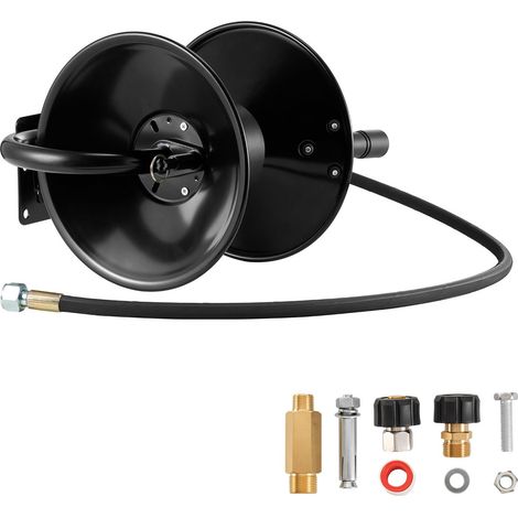 Enrouleur de tuyau haute pression 15,2 m x 9,5 mm, support acier robuste fixation murale/sol/camion, 4000 PSI max, rembobinage manuel avec poignée (1/5)
